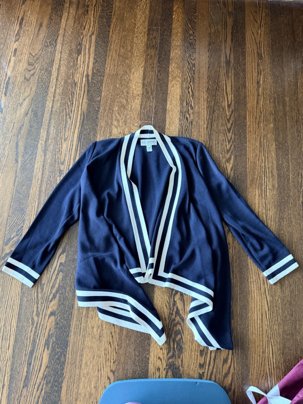 St. John Collection open Navy Cardigan with Ivory Stripe Trim small